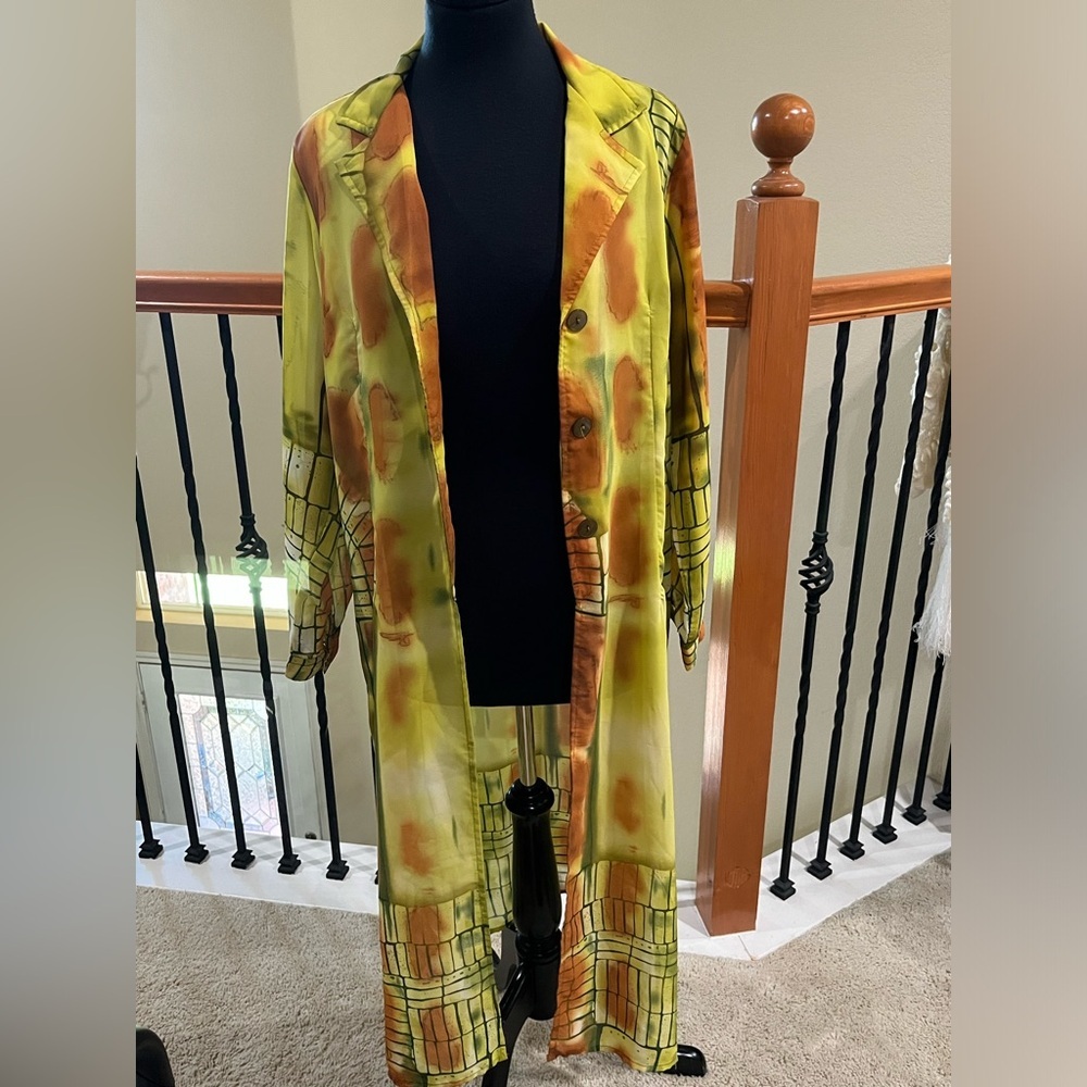MLLE GABRIELLE Vibrant Green & Rust Watercolor Long Button DUSTER WOMEN SIZE 6